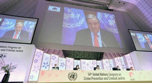 UN Secretary-General António Guterres addressing the opening of the 14th United Nations Congress on Crime Prevention and Criminal Justice, via video. — courtesy UN/DGC