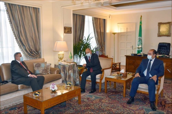 Arab League Secretary General Ahmad Aboul Gheit during a meeting with UN Secretary General Special Envoy Jan Kunbis