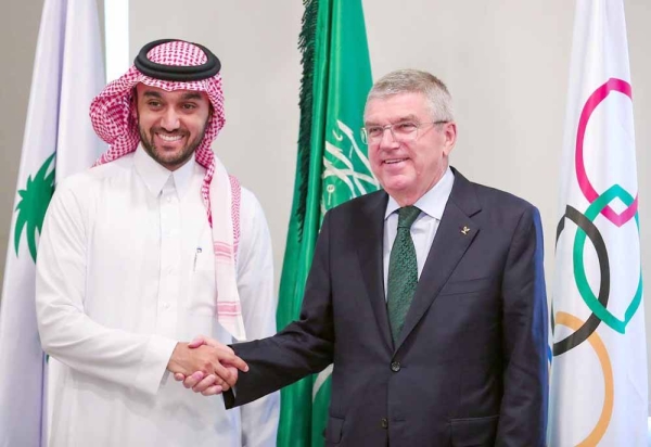 Prince Abdulaziz Bin Turki Al Faisal, president of the Saudi Arabian Olympic Committee (SAOC), offering his congratulations and best wishes to Dr. Thomas Bach on his re-election as president of the International Olympic Committee (IOC).
