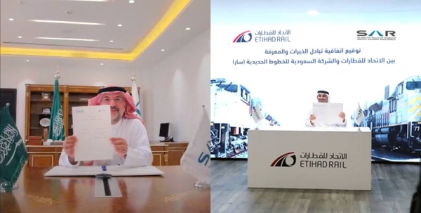 Shadi Malak, chief executive officer of Etihad Rail, and Dr. Bashar Al Malik, chief executive officer of SAR, signed the strategic agreement during a virtual ceremony attended by officials from both entities.