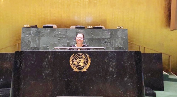 Sedra Midani at the United Nations General Assembly. — courtesy UN News/Nabil Midani