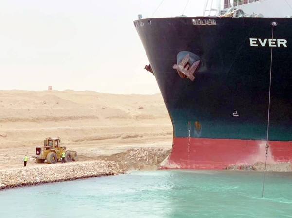 The giant Panamanian container ship ran aground while crossing the Suez canal. — courtesy Suez Canal Authority
