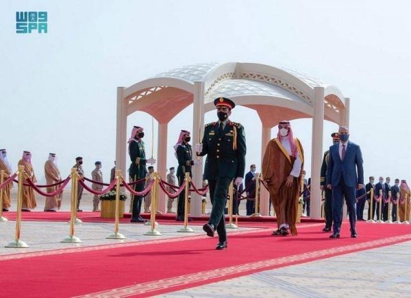 Iraqi Prime Minister Mustafa Al-Kadhimi was received by Crown Prince Muhammad Bin Salman, deputy premier and minister of defense, at King Khalid International Airport in Riyadh. — SPA photos