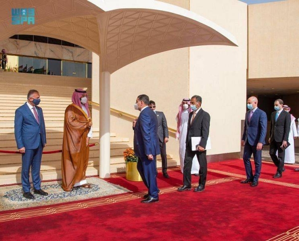 Iraqi Prime Minister Mustafa Al-Kadhimi was received by Crown Prince Muhammad Bin Salman, deputy premier and minister of defense, at King Khalid International Airport in Riyadh. — SPA photos