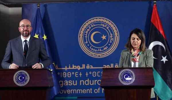 European Council President Charles Michel and Libyan Foreign Minister Najla El-Mangoush during a press conference in Tripoli on Sunday. — courtesy Xinhua