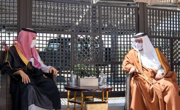 Bahrain’s Crown Prince Salman Bin Hamad Al-Khalifa, left, is seen with Saudi Arabia’s Foreign Minister Prince Faisal Bin Farhan at Riffa Palace in Bahrain on Tuesday. — BNA photo