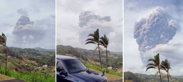 Plumes of ash billow from the La Soufrière volcano on the island of St. Vincent and the Grenadines, which started erupting on April 9. — courtesy Navin Pato Patterson