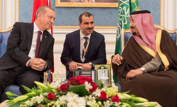 File picture of King Salman and Turkish President Recep Tayyip Erdogan hold talks in Riyadh on February 15, 2017.