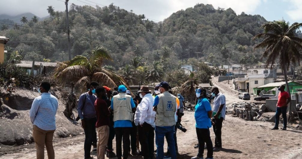 UN Resident Coordinator Didier Trebucq, along with Prime Minister Ralph Gonsalves and other UN agency officials, travel to the danger zones to assess the impact of La Soufrière volcano eruption in St. Vincent and the Grenadines. — courtesy UN Barbados OECS/ Bajanpro