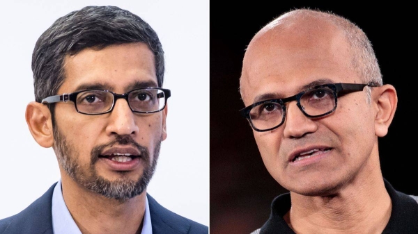 Google's Sundar Pichai, left, and Microsoft's Satya Nadella, right, are rushing aid to India as the country battles an onslaught of coronavirus cases.