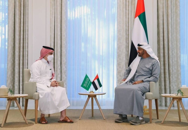 The Crown Prince of Abu Dhabi and Deputy Supreme Commander of the UAE Armed Forces Sheikh Mohammed Bin Zayed Al Nahyan received here on Saturday Saudi Foreign Minister Prince Faisal Bin Farhan.