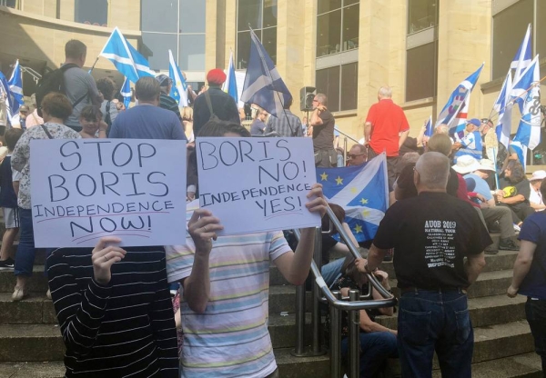 Hundreds gathered for two protests in Glasgow on Saturday, one for Scottish independence from the United Kingdom, and the other pro-Unionists waving Union Jack flags.