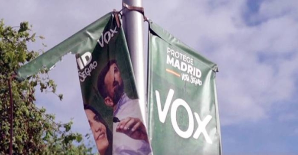Banners of the Vox party seen in Madrid. The far-right Vox party could play a decisive role in the Spanish capital.