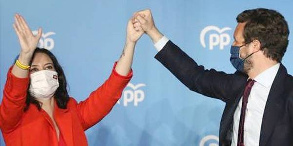 PP's conservative regional president Isabel Díaz Ayuso acknowledges the victory in Madrid elections.