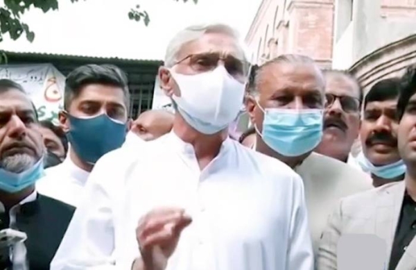 A videograb of Jahangir Tareen speaking to the media in Lahore. 