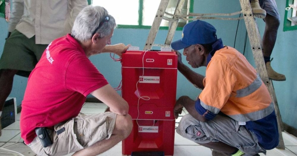 A power cube is readied for transportation to one of the islands in the Vanuatu archipelago. — courtesy UNDP