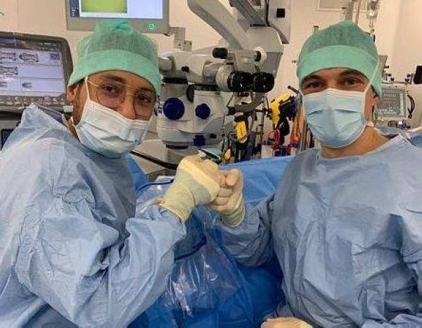 King Abdulaziz University in Rabigh's Dr. Amr Abdulaal Abu Khashabah, who is specialized in retina surgery under the Saudi-French medical program, with his team at the la Croix-Rousse University Hospital in Lyon.