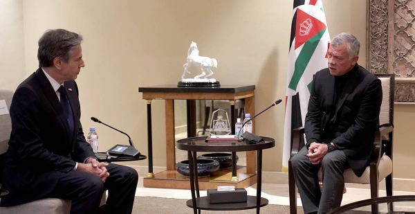 Jordan’s King Abdullah II, right, meets with visiting US Secretary of State Antony Blinken in Amman on Wednesday. — Courtesy Petra