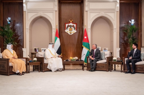 Jordan’s King Abdullah II, right, met with Abu Dhabi Crown Prince Sheikh Mohamed Bin Zayed Al-Nahyan in Amman on Thursday. — Courtesy Petra