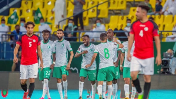 The Saudi Arabian football team celebrates their Group D win over Yemen in the joint Asian qualifiers for the 2022 FIFA World Cup Qatar and AFC Asian Cup 2023 Qualifiers in Riyadh on Saturday at Mrsool Park Stadium.