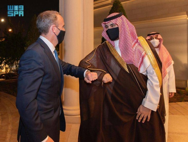 Saudi Arabia’s Deputy Defense Minister Prince Khalid Bin Salman met on Monday with British Foreign Secretary Dominic Raab, who is an official visit to the Kingdom.