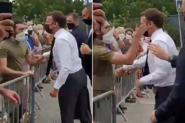 The combination picture taken from social media shows a man slapping French President Emmanuel Macron during his visit to southeast France on Tuesday. — Courtesy photo