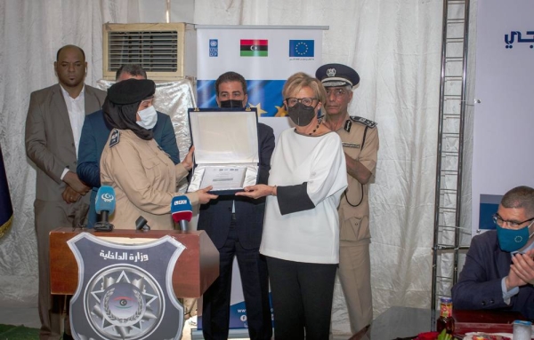 The handover ceremony of the Al-Andalus police station. The Ministry of Interior (MoI), the European Union and the United Nations Development Program (UNDP) have finalized the creation of the first Model Police Station (MPS) in Libya, located in Hai al-Andalus, as part of joint efforts to advance community security.