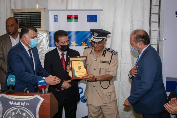 The handover ceremony of the Al-Andalus police station. The Ministry of Interior (MoI), the European Union and the United Nations Development Program (UNDP) have finalized the creation of the first Model Police Station (MPS) in Libya, located in Hai al-Andalus, as part of joint efforts to advance community security.