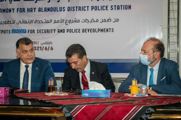 The handover ceremony of the Al-Andalus police station. The Ministry of Interior (MoI), the European Union and the United Nations Development Program (UNDP) have finalized the creation of the first Model Police Station (MPS) in Libya, located in Hai al-Andalus, as part of joint efforts to advance community security.