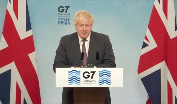 British Prime Minister Boris Johnson speaking at a news conference towards the end of the summit in Cornwall in southwest England. — courtesy Twitter