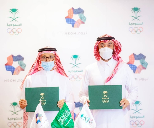 Minister of Sports Prince Abdulaziz Bin Turki Al Faisal, president of the Saudi Arabian Olympic Committee, and Nadhmi Al-Nasr, NEOM chief executive officer, sign a 5-year MoU to collaborate on developing and enhancing a globally competitive sports ecosystem within Saudi Arabia.
