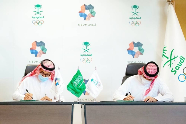 Minister of Sports Prince Abdulaziz Bin Turki Al Faisal, president of the Saudi Arabian Olympic Committee, and Nadhmi Al-Nasr, NEOM chief executive officer, sign a 5-year MoU to collaborate on developing and enhancing a globally competitive sports ecosystem within Saudi Arabia.