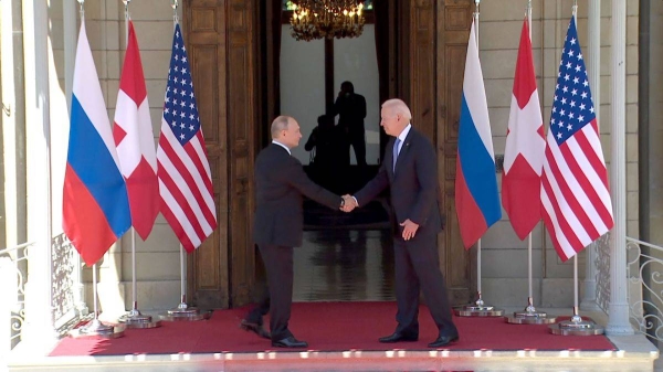 US President Joe Biden, right, meets with his Russian counterpart Vladimir Putin in Geneva on Wednesday. — Courtesy photo