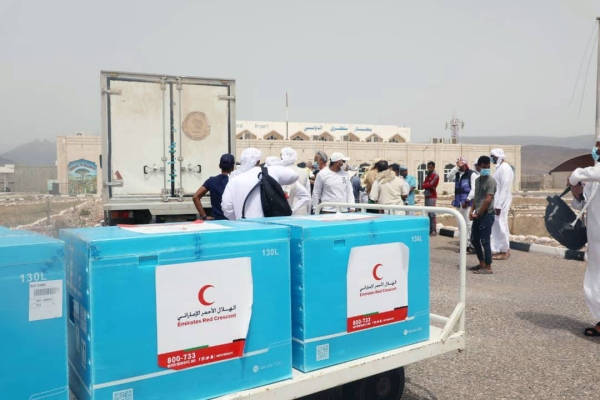 The United Arab Emirates, represented by its humanitarian arm, the Emirates Red Crescent (ERC), dispatched a shipment of 60,000 COVID-19 vaccine doses to Yemen's Socotra governorate to support the local efforts aimed at addressing the pandemic.  WAM photo