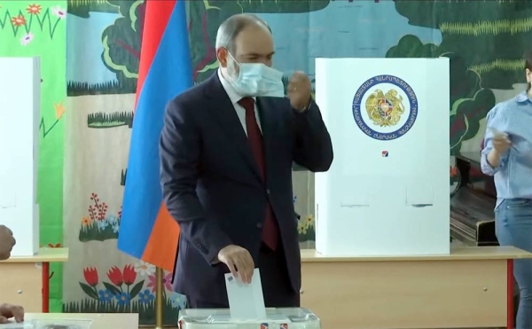 A videograb of acting Prime Minister of Armenia Nikol Pashinyan casting his vote during the legislative election in Yerevan on Sunday.