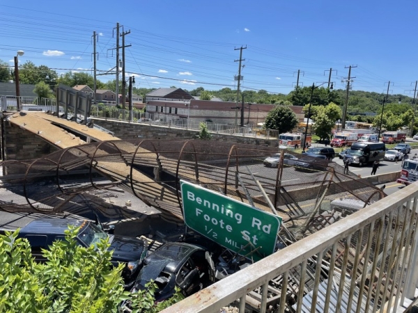 A pedestrian bridge that likely was struck by at least one vehicle collapsed onto Interstate 295 in Washington, DC, injuring several people and blocking the highway in both directions, officials said on Wednesday. — Courtesy photos
