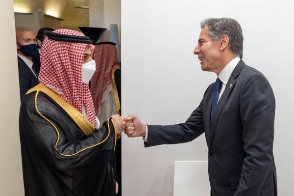 Foreign Minister Prince Faisal Bin Farhan met here US Secretary of State Antony Blinken on the sidelines of the meeting of the foreign and development ministers of the G20 in the southern Italian city of Matera.