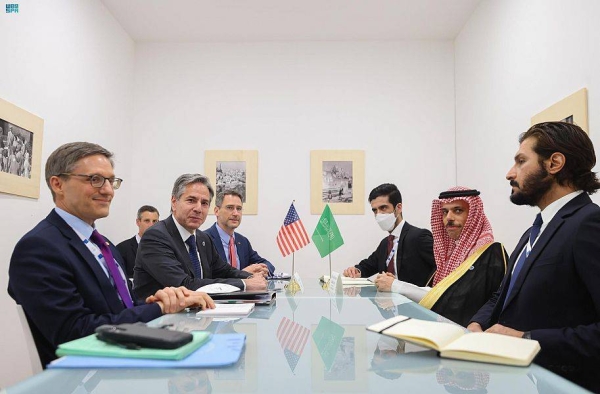 Foreign Minister Prince Faisal Bin Farhan met here US Secretary of State Antony Blinken on the sidelines of the meeting of the foreign and development ministers of the G20 in the southern Italian city of Matera.