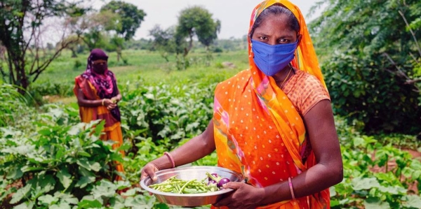 Women grow vegetables on a farm in India as part of a UNICEF-supported rural development program. —courtesy UNICEF/Vinay Panjwani