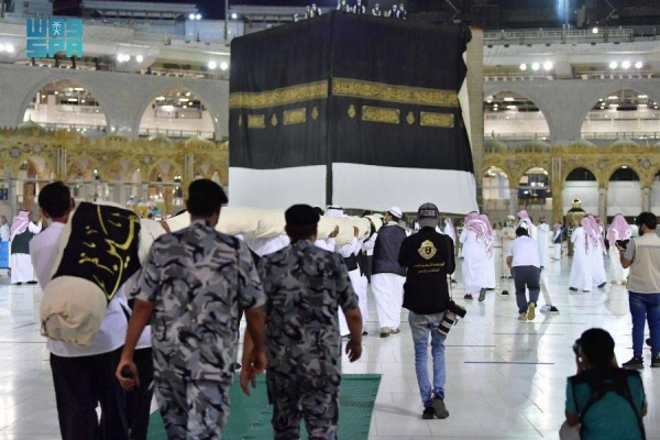 The Kiswa, the cloth covering the Holy Kaaba, was replaced with the new one early Monday in accordance with the annual tradition ahead of Eid Al-Adha, the Saudi Press Agency reported.