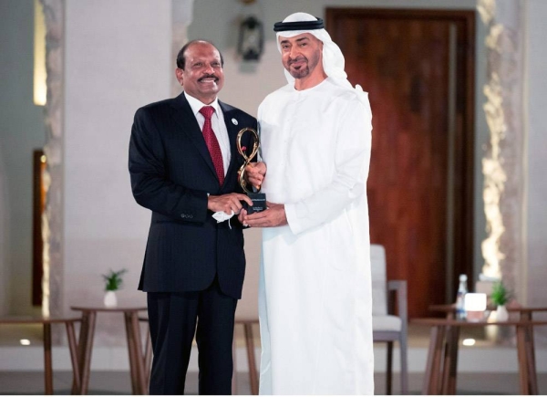 File photo of Sheikh Mohammed Bin Zayed Al Nahyan honorin LuLu Group's Yusuffali MA with the “Abu Dhabi Award 2021”, the highest civilian honor for his almost 5-decade long contributions in the fields of economic development and  philanthropy.