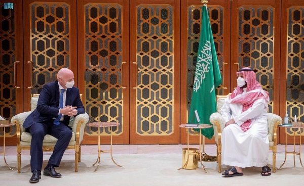  Crown Prince Muhammad Bin Salman, deputy premier and defense minister, met here on Tuesday with the president of the International Federation of Football Association (FIFA), Gianni Infantino, and president of the Confederation of African Football (CAF), Patrice Motsepe.