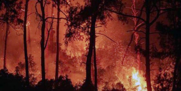 A videograb of a wildfire raging in Greece on Thursday. Hundreds of firefighters in Greece remain on alert even though the wildfires that have devastated the country in recent weeks are under control and largely extinguished.