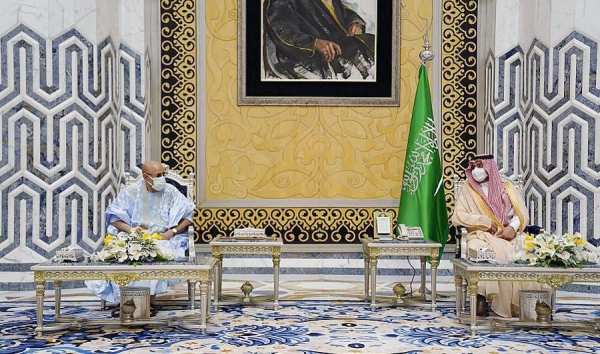 Prince Badr Bin Sultan, deputy governor of Makkah Region, receives Mauritania President Mohamed Ould Ghazouani in Jeddah on Thursday.