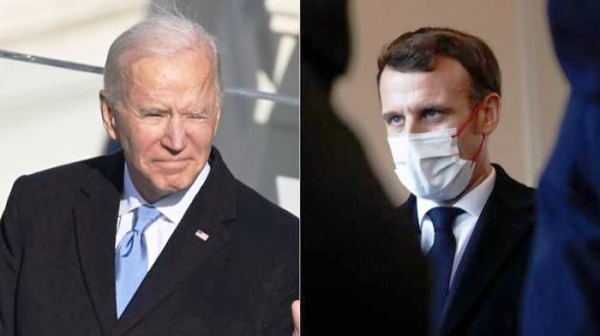 United States President Joe Biden, left, and France President Emmanuel Macron discuss the situation in Afghanistan.