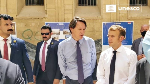 French President Emmanuel Macron on Sunday is on the roof of the Our Lady of the Hour Church in Iraq’s northern city of Mosul.