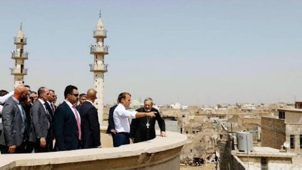 French President Emmanuel Macron on Sunday is on the roof of the Our Lady of the Hour Church in Iraq’s northern city of Mosul.