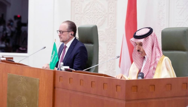 Foreign Minister Prince Faisal Bin Farhan during a press conference in Riyadh with his Austrian counterpart, Alexander Schallenberg, who is currently visiting the Kingdom, on Sunday.