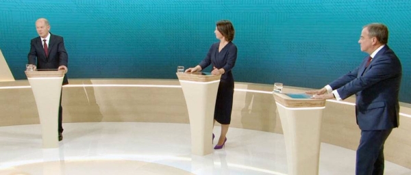
CDU-CSU’s Armin Laschet (L), Green Party's Annalena Baerbock (C) and SPD’s Olaf Scholz (R) in a three-way debate prior to the German elections.