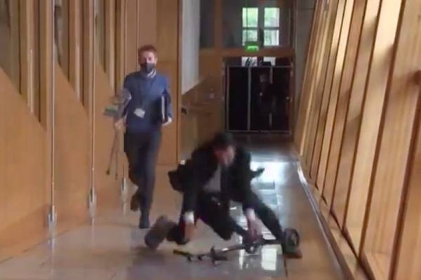 Humza Yousaf fell while scooting in the Scottish Parliament. (Image: Twitter)